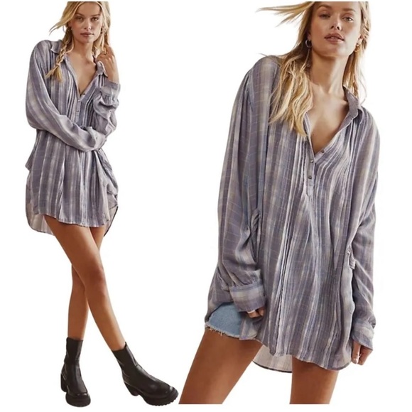 Free People Tops - Free People Waverly Plaid Tunic Blouse Henley Neck Long Sleeve Blue Medium